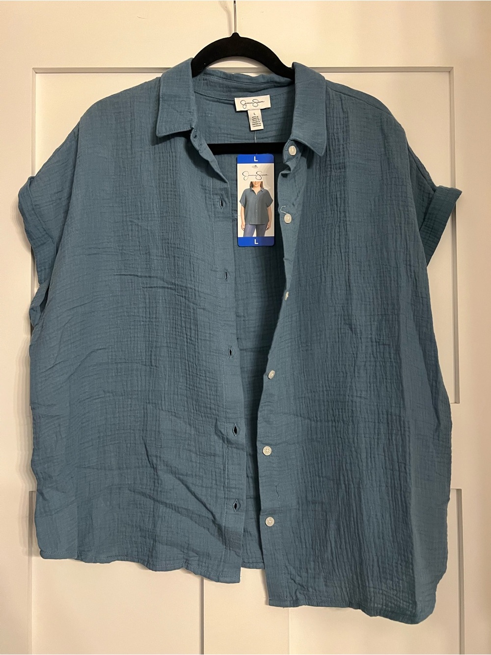 Jessica Simpson Casual Short-Sleeve Button-Down in Slate Blue